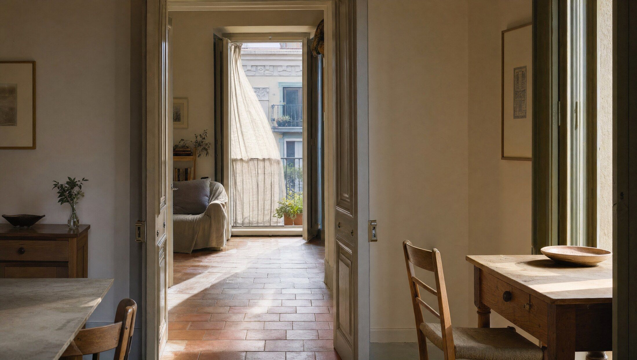 An everyday Catalan home with the balcony doors open and air moving through the room.
